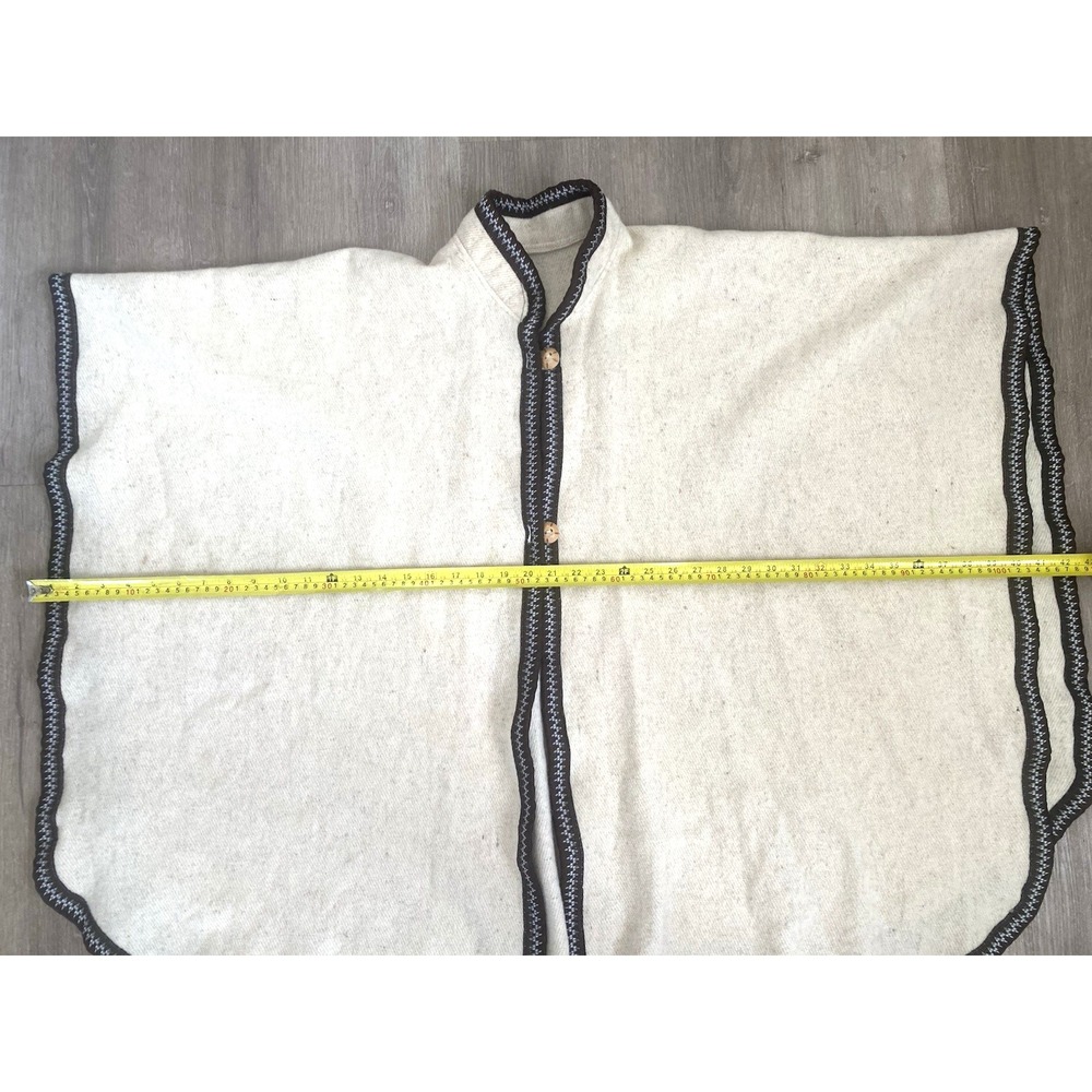 100% Wool Woven‎ Mexican Poncho Natural Button Front OSFM Cream Vintage - Picture 8 of 8